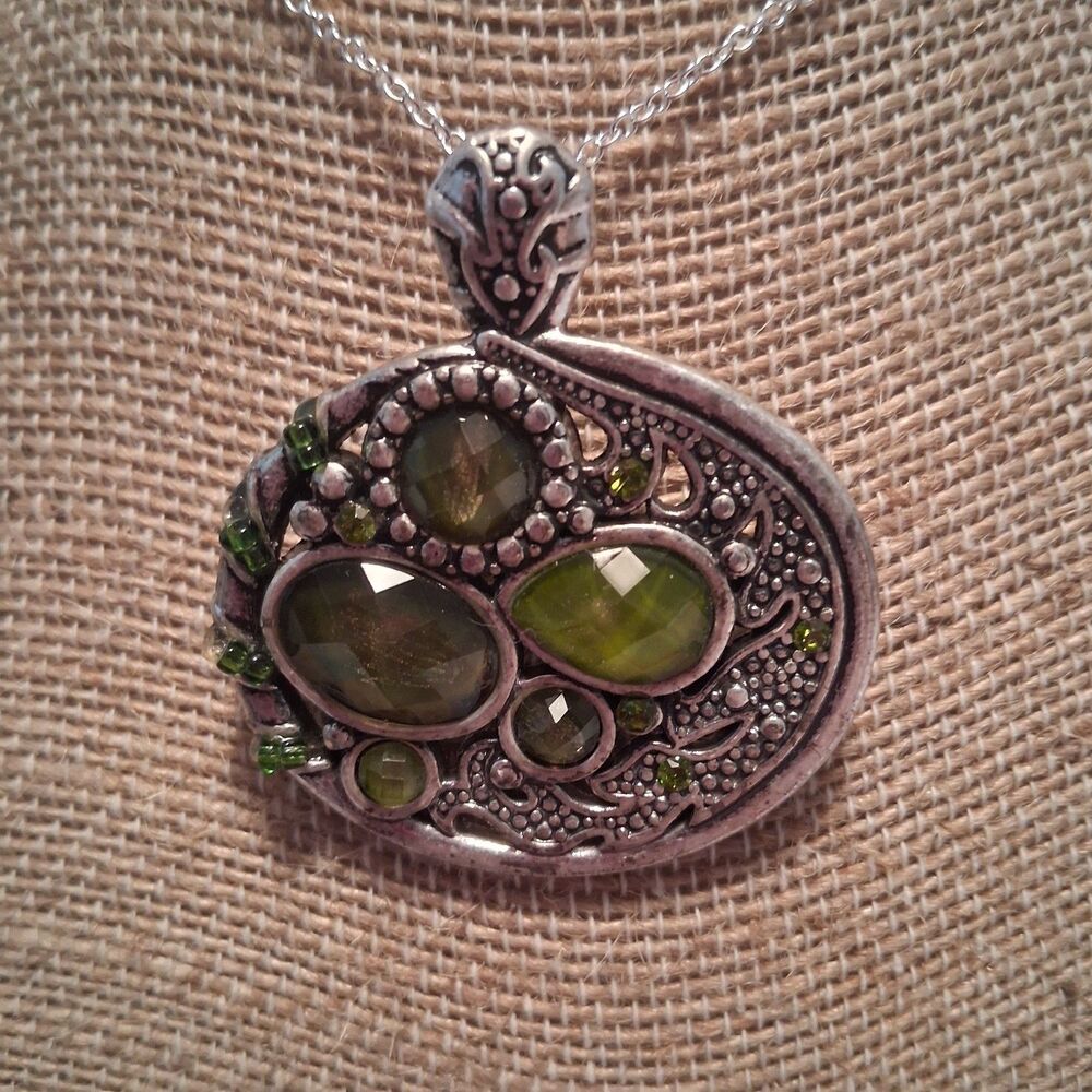 Green Statement Asymmetrical Pendant Necklace Silver-Tone Oval & Round Stones